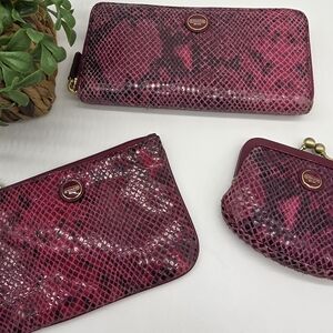 Coach Pink Python Snake Print Leather 3 Pc Wallet Coin Purse Wristlet Raspberry